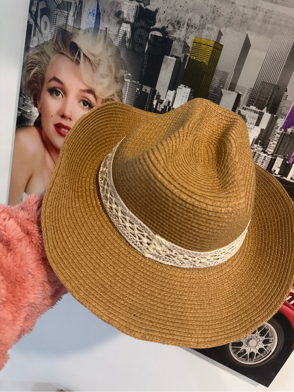Stylish House of Harlow Brown Straw Sun Hat with Crochet Band